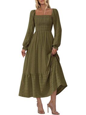 Women's Army Green Square Neck 2026 Long Sleeve Boho Wedding Guest Maxi Dresses